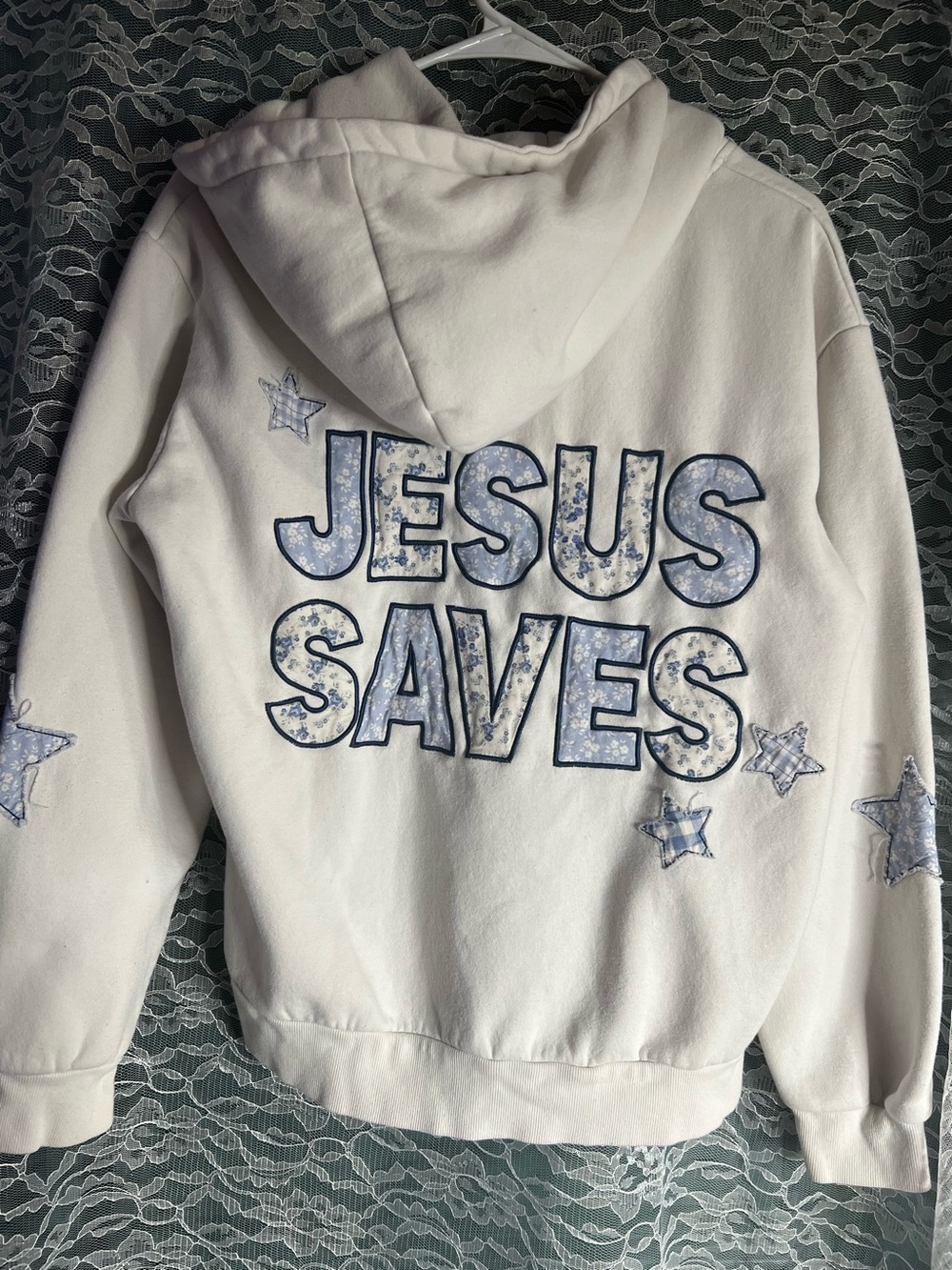 Altar’D State Jesus Saves Blue and Off White Hoodie Sweater Womens XS
